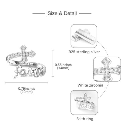 Helonley Cross Faith Ring for Women - 925 Sterling Silver Inspiration Rings - style: Faith Hope Love