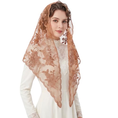 Lystaii Triangle Lace Mantilla Veil Catholic Chapel Head Covering Scarf - color: Brown
