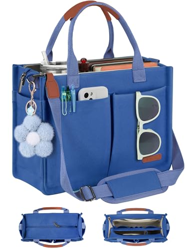FIORETTO Womens Canvas Tote Bag Purse with Individual Compartment, Zipper Top, Reinforced Bottom & Luggage Sleeve - color: Demin Blue, size: Medium