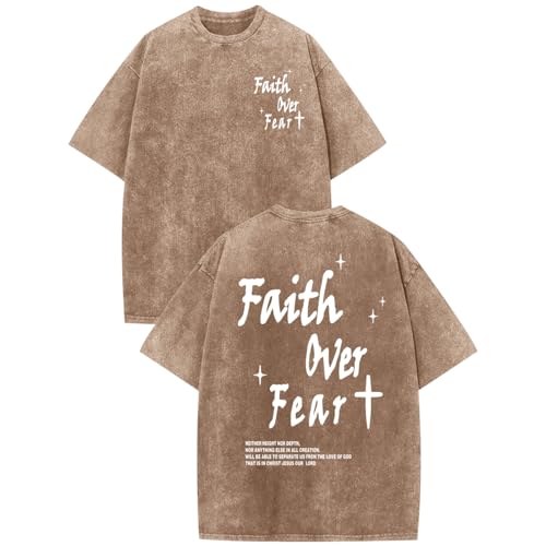 Christian Shirts for Men Faith Over Fear Acid Wash Tshirts Faith Religious Tees God Bible Verse Inspirational Tops - color: Coffee, size: X-Large