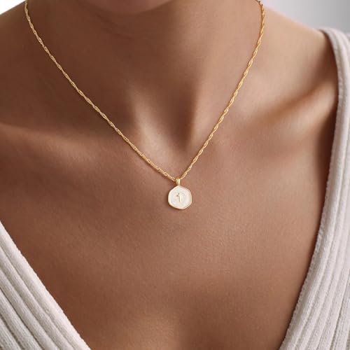 M MOOHAM Enamel Mini Cross Necklace for Women Girl, 14K Gold Plated Jewelry - color: pink cross-cable chain