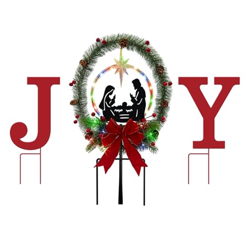 3Pack Solar Lights Christmas Joy Sign,Metal Nativity Scene Outdoor Garden - color: Red-joy