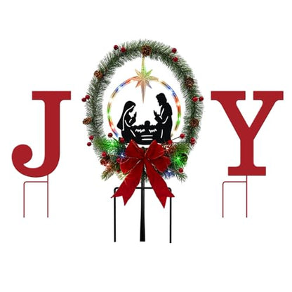 3Pack Solar Lights Christmas Joy Sign,Metal Nativity Scene Outdoor Garden - color: Red-joy