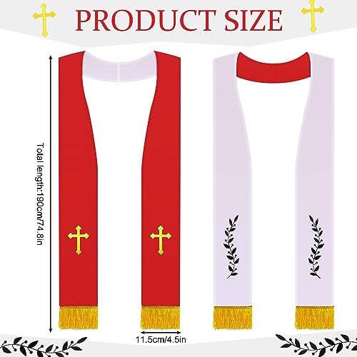 Panitay Embroidered Wedding Reversible Stole with Tassels Clergy Mass Stole with Cross Wedding Pastor Shawl - color: Red and White, style: Classic