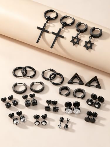 Oveta 16 Pairs 18G 16G Stainless Steel Mens Earrings, Earrings for Men with Studs Hoop Earring Cross Dangle Earrings Hypoallergenic Ear Piercing Jewelry for Men Women, Silver Gold Black - color: Black