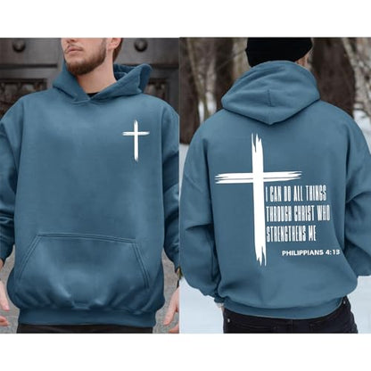Tuislay Mens I Can Do All Things Through Christ Hoodies Christian Jesus Hoodie Religious Cross Sweatshirt Faith Pullover Tops - color: Deep Blue, size: Small