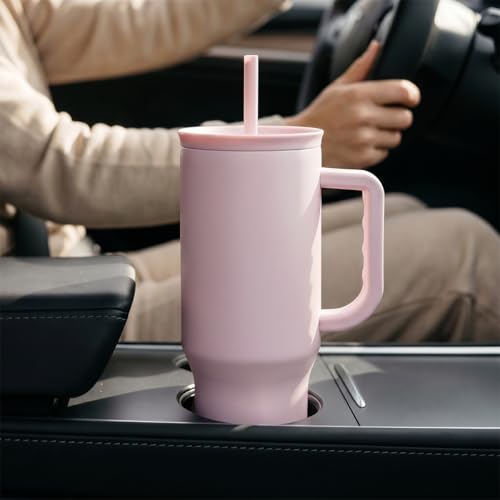 SANDJEST Light Pink 40oz Tumbler with Handle and Straw, Insulated Stainless Steel Travel Coffee Mug for Women Girls, Gift Idea for Birthday Christmas Mothers Day - color: Pink 1