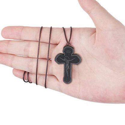 COTTVOTT Wood Orthodox Cross Pendant Necklace Christian Crucifix Necklace Prayer Jesus for Women Men - style: A-Black Color