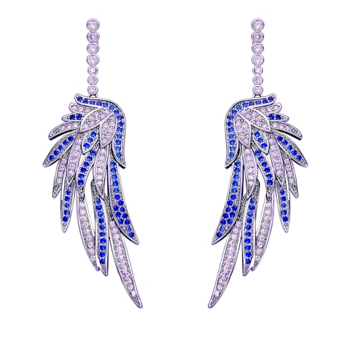 Crystal Cubic Zirconia Angel Wings Dangle Drop Earrings for Women Silver Rhinestone Guardian Angle Dangling statement Earrings gifts for Wife Mom Her - color: Blue