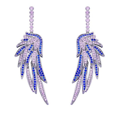 Crystal Cubic Zirconia Angel Wings Dangle Drop Earrings for Women Silver Rhinestone Guardian Angle Dangling statement Earrings gifts for Wife Mom Her - color: Blue