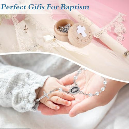 AHANDMAKER Baptism Gift Box, My First Blue Bracelets with Keepsake Box, Baptism Gifts Keepsake Cases with Light Blue Round Pearl Bracelets for Baby Birthday Baby Shower (White)