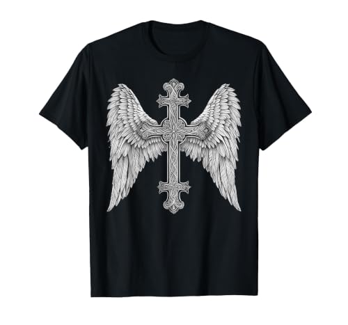 Gothic Cross and Angle Wings Graphic Punk Style Mens Womens T-Shirt - color: Black, size: 3X-Large