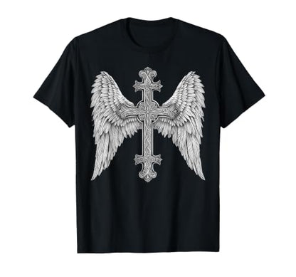 Gothic Cross and Angle Wings Graphic Punk Style Mens Womens T-Shirt - color: Black, size: 5X-Large