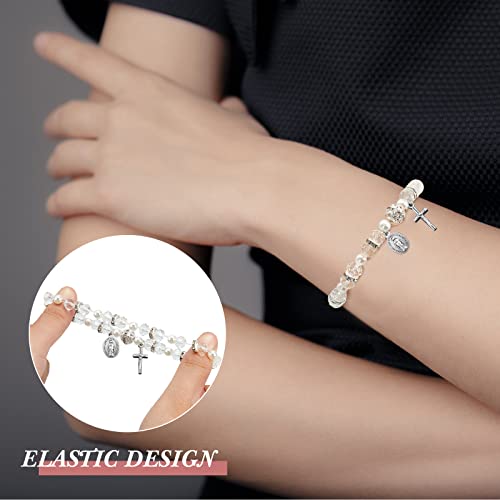 Taiyin Rosary Bracelet Bulk with Mesh Bags, White Religious Rosary Bead Bracelet Catholic Bracelets, Baptism First Communion Gifts for Women - color: Silver