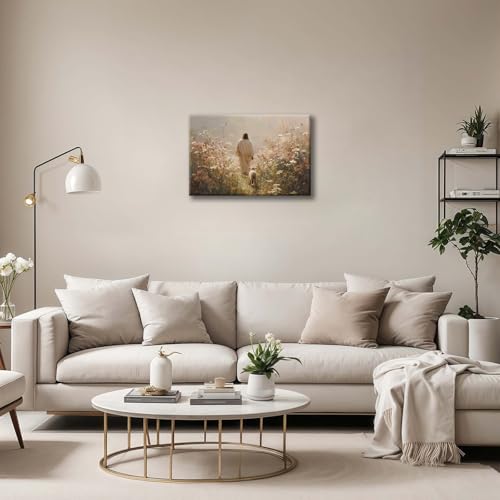 Framed Jesus Wall Art Jesus and the Lamb Walking Among Flowers Christian Poster Print Religious Art Canvas Painting for Living Room, Church, Prayer Room, Bedroom, etc., 12x16 in - color: Jesus Wildflower Sheep3, size: 12x16 Inches