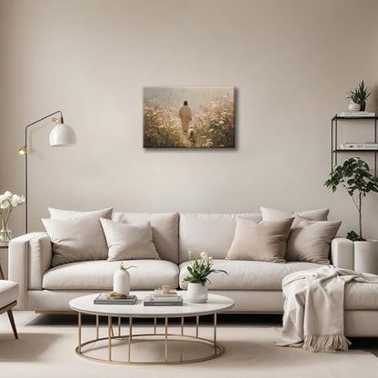 Framed Jesus Wall Art Jesus and the Lamb Walking Among Flowers Christian Poster Print Religious Art Canvas Painting for Living Room, Church, Prayer Room, Bedroom, etc., 12x16 in - color: Jesus Wildflower Sheep3, size: 12x16 Inches