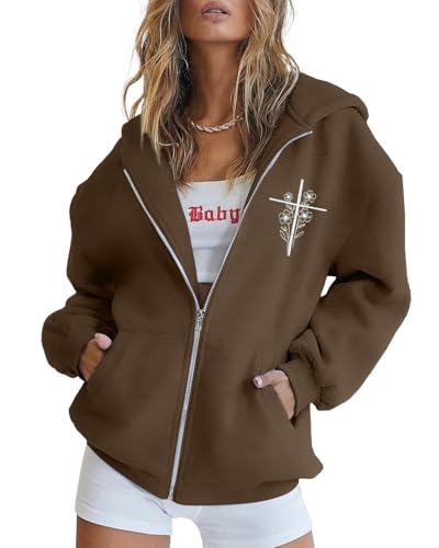 MNLYBABY Jesus Christian Zip Up Hoodie: Women Religious Sweatshirt Faith Shirt Bible Verse Fleece Jacket Tops - color: Brown, size: Large