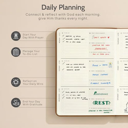 2026 Christian Planner & Prayer Journal | Strengthen Your Relationship with God and Better Navigate His Path for You | Daily Planner w/Bible Verses, Prayer Prompts, & Habit Tracking (Leather) - color: Leather