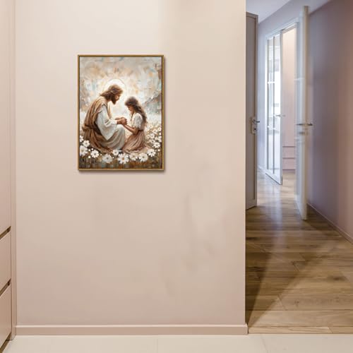 Jesus and Girl Praying Framed Canvas Wall Art 16x24 inch - color: Sea of Flowers, size: 16"x24" Natural