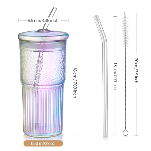 Joeyan 22oz Iridescent Glass Tumbler with Straw and Lid,Ribbed Glasses Cups - color: Iridescent glass tumbler