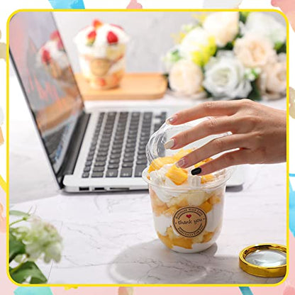 Cunhill 50 Pack Dessert Cups with Dome Lids Disposable Plastic Cups with Lids Clear Pet (No Hole), Sporks and Stickers for Plastic Fruit, Cake and Mini Snack Bowls(12 oz,Simple Cup) - size: 12 oz