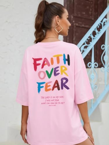 Faith Over Fear Shirt for Women Graphic Shirts Oversized Graphic Christian Tshirts Tees Tops - color: Pink a, size: Small