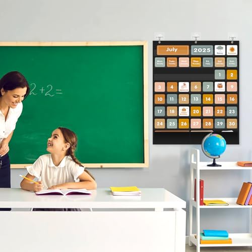 REGELETO Boho 46+3 Pockets Calendar Pocket Chart with 92 Cards for Classroom,Large Size: 28.75 x 24 inch Black Monthly Calendar and Weather Pocket Chart for Students Learning for Home or School - size: 46+3 Pockets