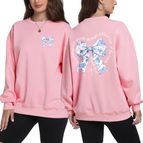 Bow Sweatshirt Christian Jesus Sweatshirts for Women Faith God Long Sleeve Shirts Bible Verse Graphic Pullover Gifts - color: Pink, size: Small