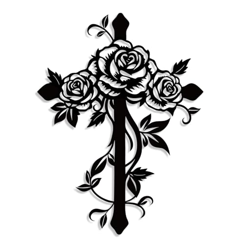 Kercan Metal Cross Wall Decor with Roses, Black Floral Wall Art, Christian Religious Home Decor for Living Room Bedroom, 12.5 x 9.4 Inch - style: Single