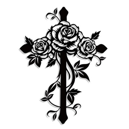 Kercan Metal Cross Wall Decor with Roses, Black Floral Wall Art, Christian Religious Home Decor for Living Room Bedroom, 12.5 x 9.4 Inch - style: Single