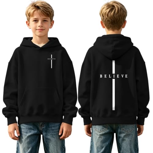 Fkatuzi Christian Graphic Hoodies For Boys Cross Sweatshirt Kids Jesus Hoodie Faith God Religious Bible Verse Believe Tops - color: Black, size: 7-8 Years