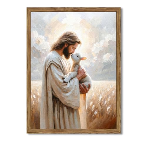Framed Jesus and Lamb Wall Art, 3D Textured Sandstone Christian The Lost Lamb Wall Decor Paintings, Jesus Leaves the 99 Sheep Pictures Prints Home Decor for Living Room Church Prayer Room 16x24 inch - color: Jesus Holding Sheep, size: 24"L x 16"W