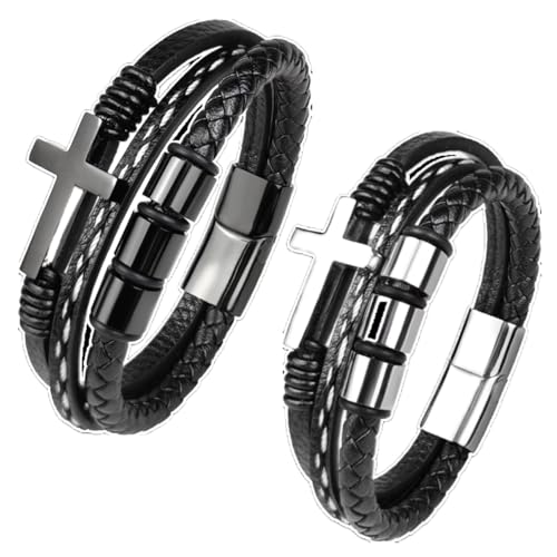 Multi-Layer Braided Leather Bracelets Mens Cross Leather Bracelet Wristband Religious Leather Bracelets Men Customized Gifts - color: black+silver, size: 8.3