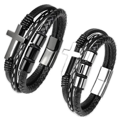 Multi-Layer Braided Leather Bracelets Mens Cross Leather Bracelet Wristband Religious Leather Bracelets Men Customized Gifts - color: black+silver, size: 8.3