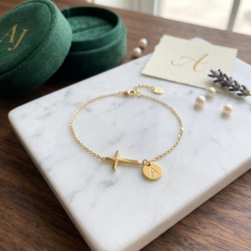 Stocking Stuffers for Teens Women, Cross Bracelet for Women Graduation Gift Dainty Cross Bracelet with Initials Christian Gifts for Women Teen Girl Gift Confirmation Baptism Religious Jewelry Birthday Mothers Day Gifts - color: Gold - R