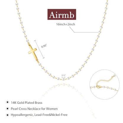 Airmb Cross Necklace for Women Choker 14K Gold/925 Silver Plated Dainty Choker Small Cross Pendant Trendy Cute Cross Charm Delicate Necklace Hypoallergenic Faith Jewelry Religious Gifts for Women - color: Sideways Cross-Pearl Chain-Gold