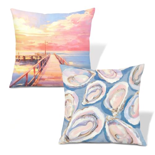 Pastel Coastal Oyster Sunset Throw Pillow Covers 18x18 Set of 2 - color: Colour -Bb