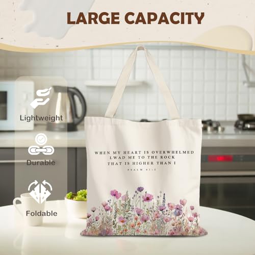 God Says You are Christian Canvas Tote Bags for Women, Inspirational Christian Gifts for Women - color: Floral Christian Psalm 61:2