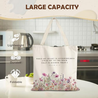 God Says You are Christian Canvas Tote Bags for Women, Inspirational Christian Gifts for Women - color: Floral Christian Psalm 61:2