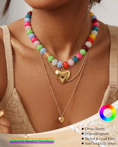 ZHESHY Chunky Beaded Necklaces for Women Heart Cross Statement Necklace - color: Multicolor 2