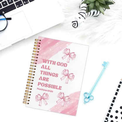 Coquette Pink Bow Christian Journal Notebook for Work Study, Preppy Girly With God All Things Are Possible Bible Prayer Spiral Notebook Office Supplies Gifts, 5.5x8.3 Inch - color: Pink Bow Bible