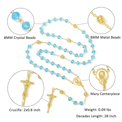 KOMI Crystal Rosary Beads with Jesus Crucifix, Catholic Necklace for Women First Communion Rosarios Wedding Rosary with Velvet Bag - style: 8MM-blue