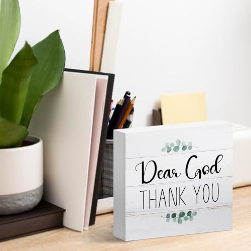 Religious Jesus Desk Decor for Living Room Shelf Table, Dear God Thank You, Wooden Sign 5x5 Inches - color: Crimson