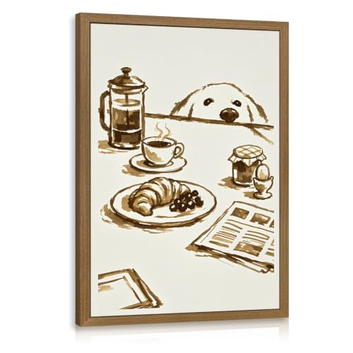 Dynazo Wood Framed Funny Dog Coffee Wall Art, Curious Puppy Coffee Bar Wall Decor, Vintage Cottagecore Animal Poster Print, Neutral Kitchen Artwork for Cafe Dining Room Breakfast Nook 16x24 Inch - color: BreadDog, size: 24"L x 16"W