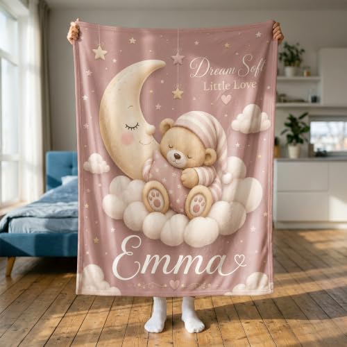 Personalized Baby Blanket With Name, Custom Baby Blankets Gift for Boy Girl - color: Blush Pink, size: Bear