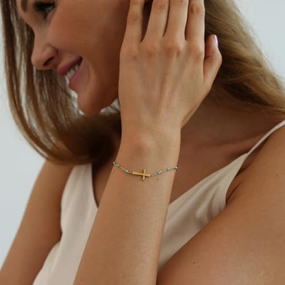 18K Gold Plated Pearl Beaded Cross Bracelets for Women Adjustable - color: Green Cross-Gold