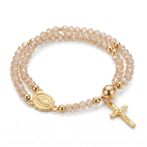 Cross Rosary Bracelet for Women Handcrafted Crystal Virgin Mary Cross Beaded Bracelets Christian Faith Link Bracelets Crucifix Religious Christian Faith Jewelry - color: Khaki