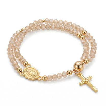 Cross Rosary Bracelet for Women Handcrafted Crystal Virgin Mary Cross Beaded Bracelets Christian Faith Link Bracelets Crucifix Religious Christian Faith Jewelry - color: Khaki