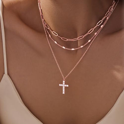 Poxtex Layered Gold Necklaces for Women, Stackable Dainty 14K Gold Silver Plated Trendy Simple Heart Diamond Cross Bow Circle Pendant Paperclip Choker Dot Chain Necklace,Jewelry Set Gifts for Women - color: Rose Gold, style: Cross2