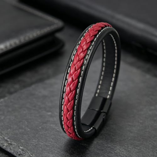Kim Carrey Italian Handmade Leather Bracelets for Men - color: Black Red, size: 8.6"